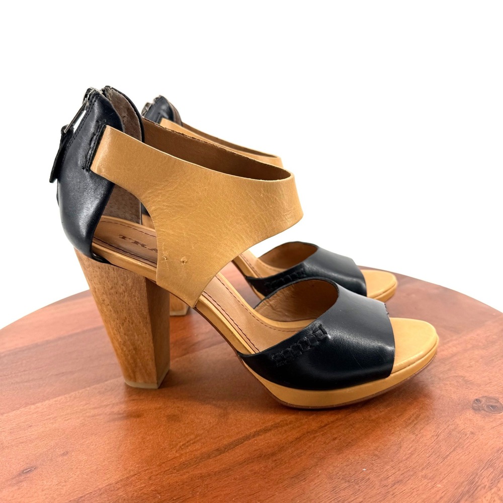 Trask Leather Block Heel Sandals Black Tan Two-Tone Wood Stacked Zip Women 9M
